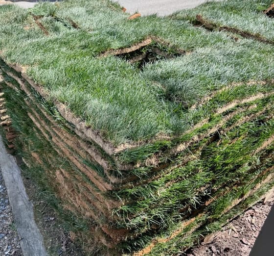 Stacked fresh sod rolls ready for installation