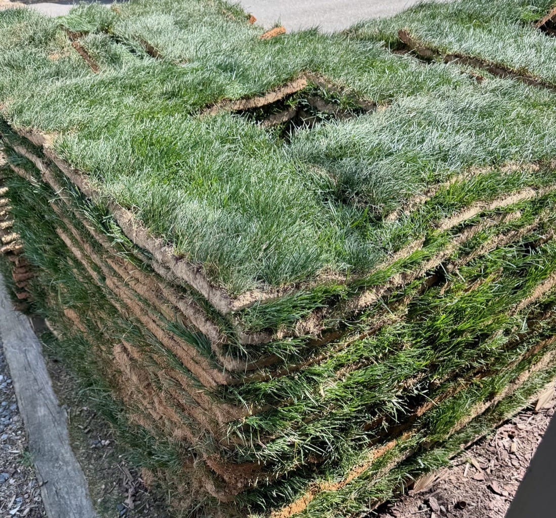 Stacked fresh sod rolls ready for installation